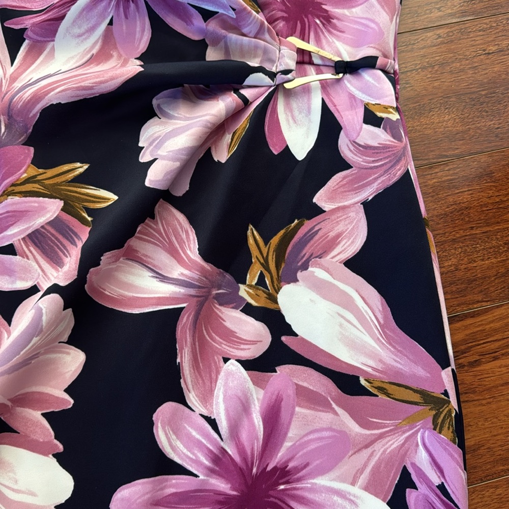 Elegant sexy navy blue dress with purple flowers - Picture 3 of 4